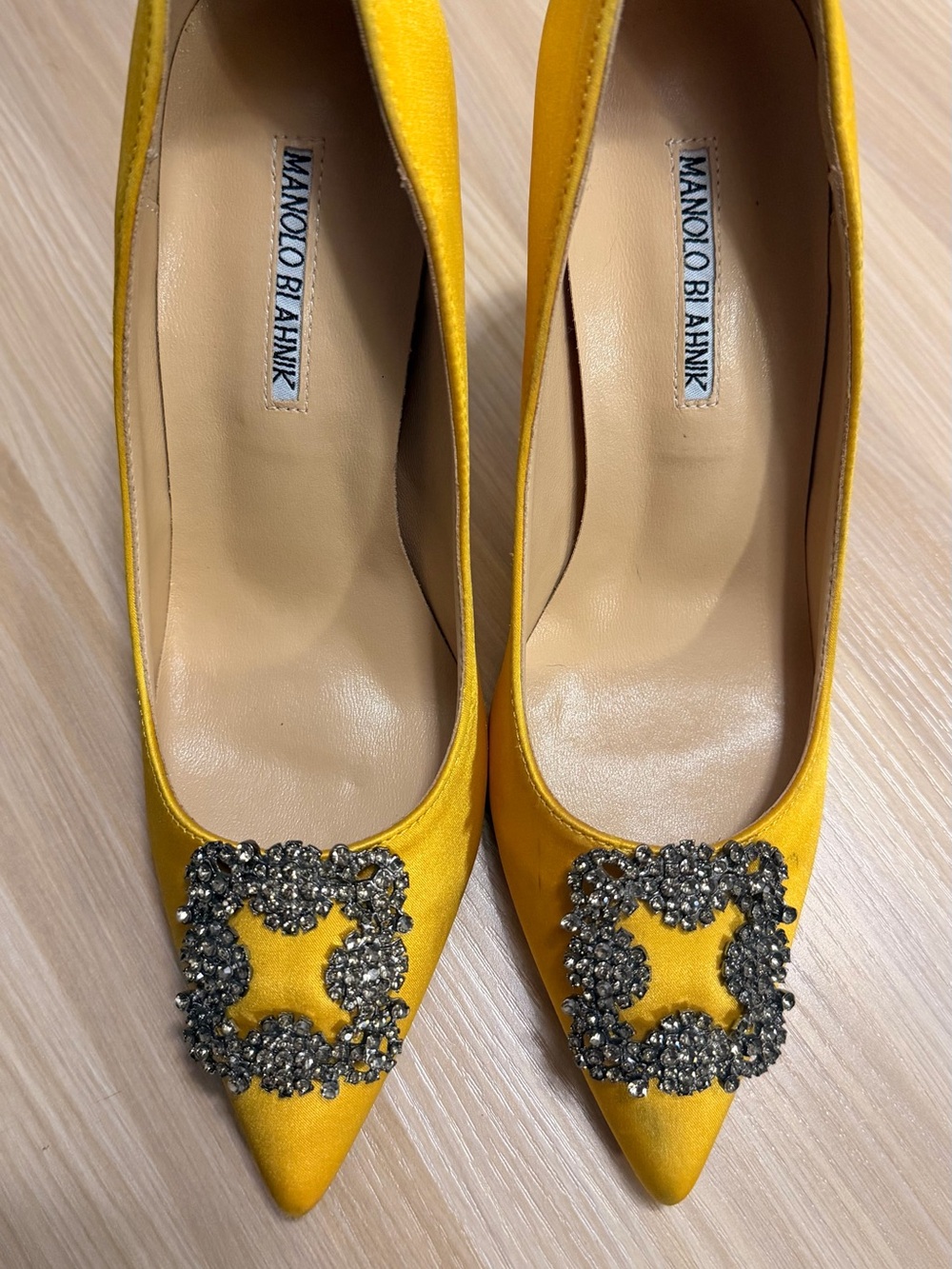 Manolo Blahnik Yellow Satin Pointed Toe Heels with Crystal Buckle
